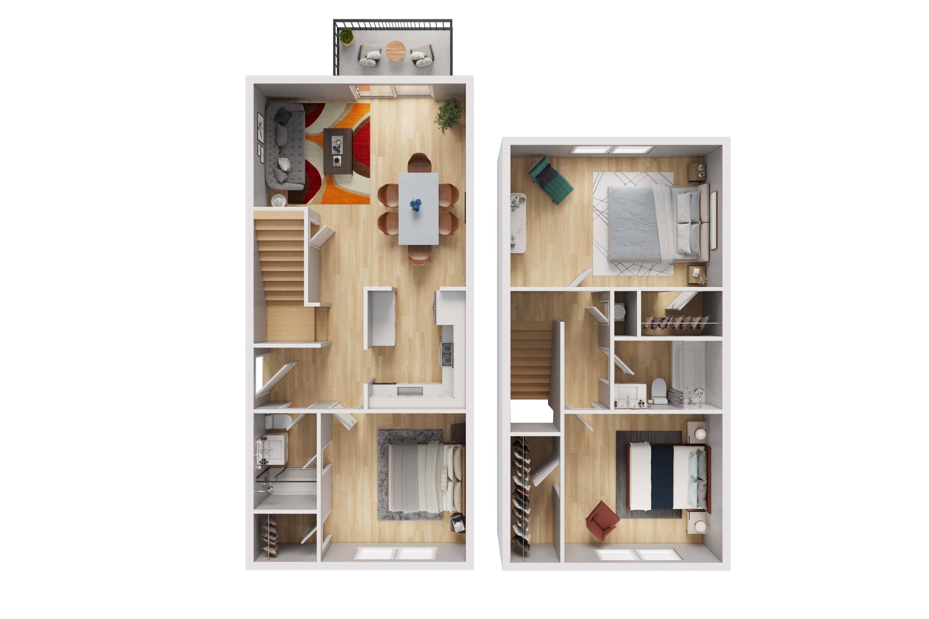 Floor plan for 3 beds, 2 baths, 1072 sqft